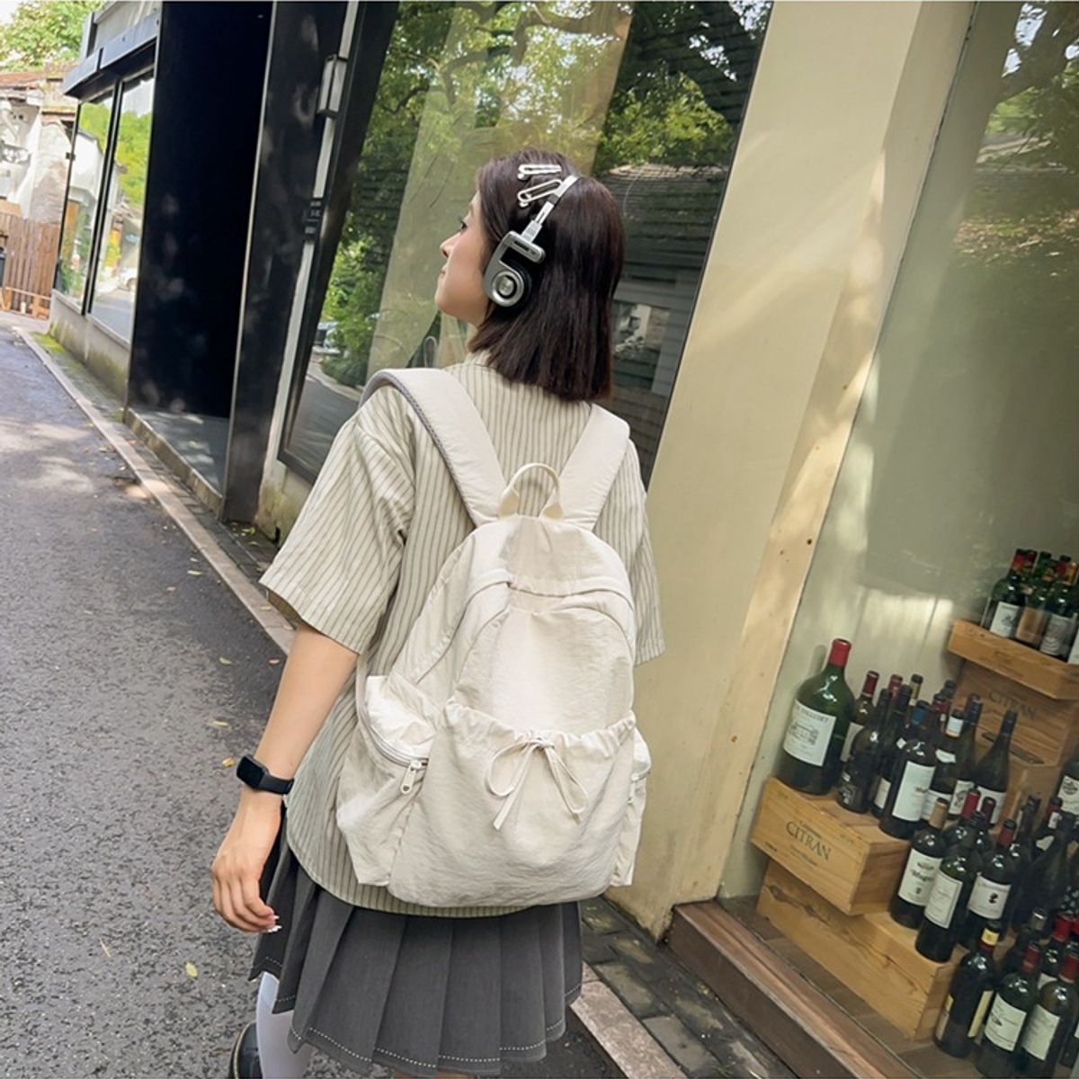 TIOZONEY - Mochila de nylon para mujer-Beige