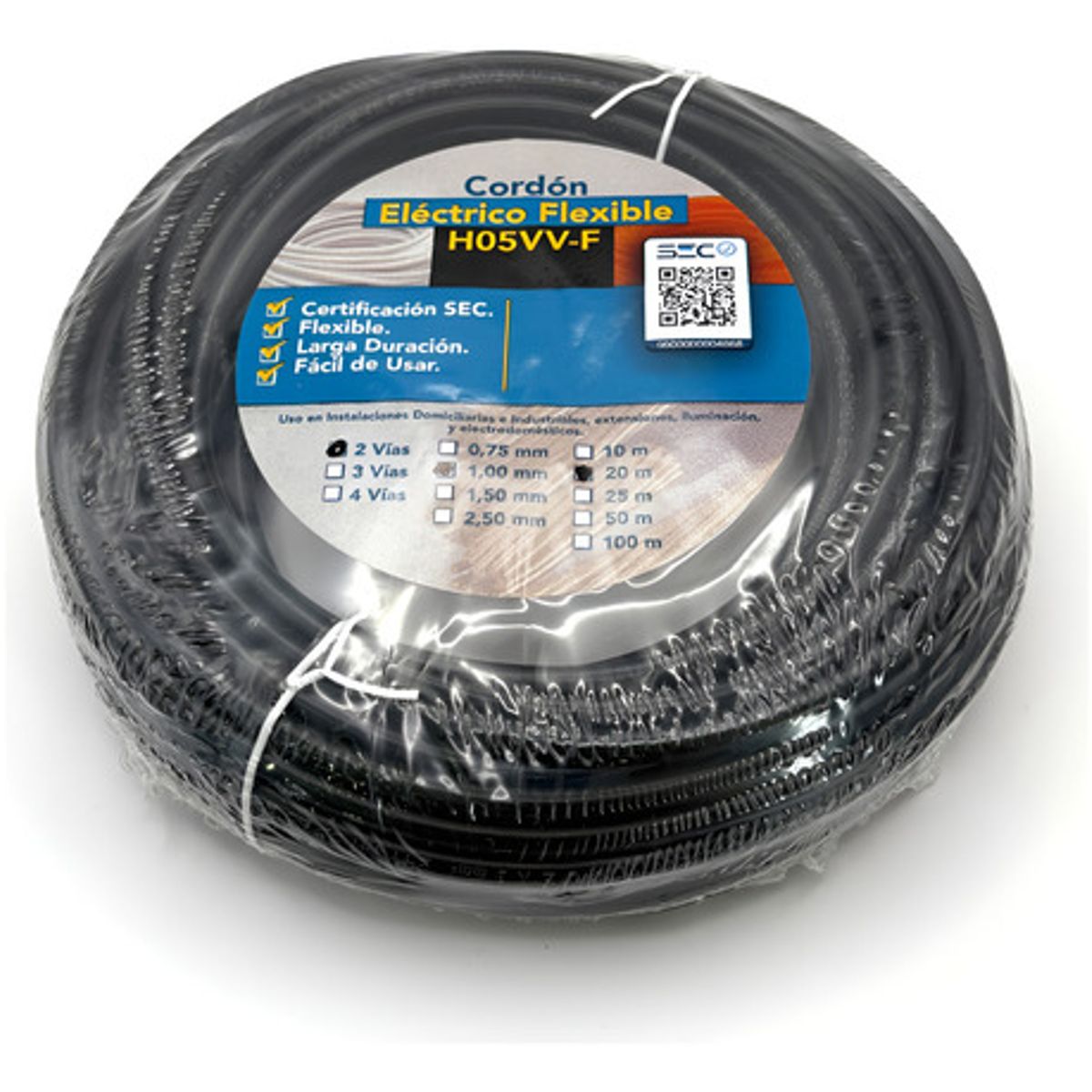 GENERICO - Cable Cordón Eléctrico Sil Flexible 2x1mm2 20m Negro Sec - Negro
