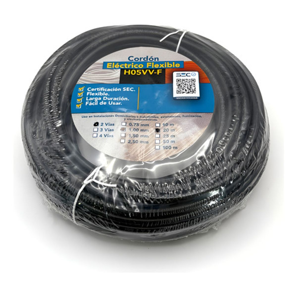 GENERICO - Cable Cordón Eléctrico Sil Flexible 2x1mm2 20m Negro Sec - Negro