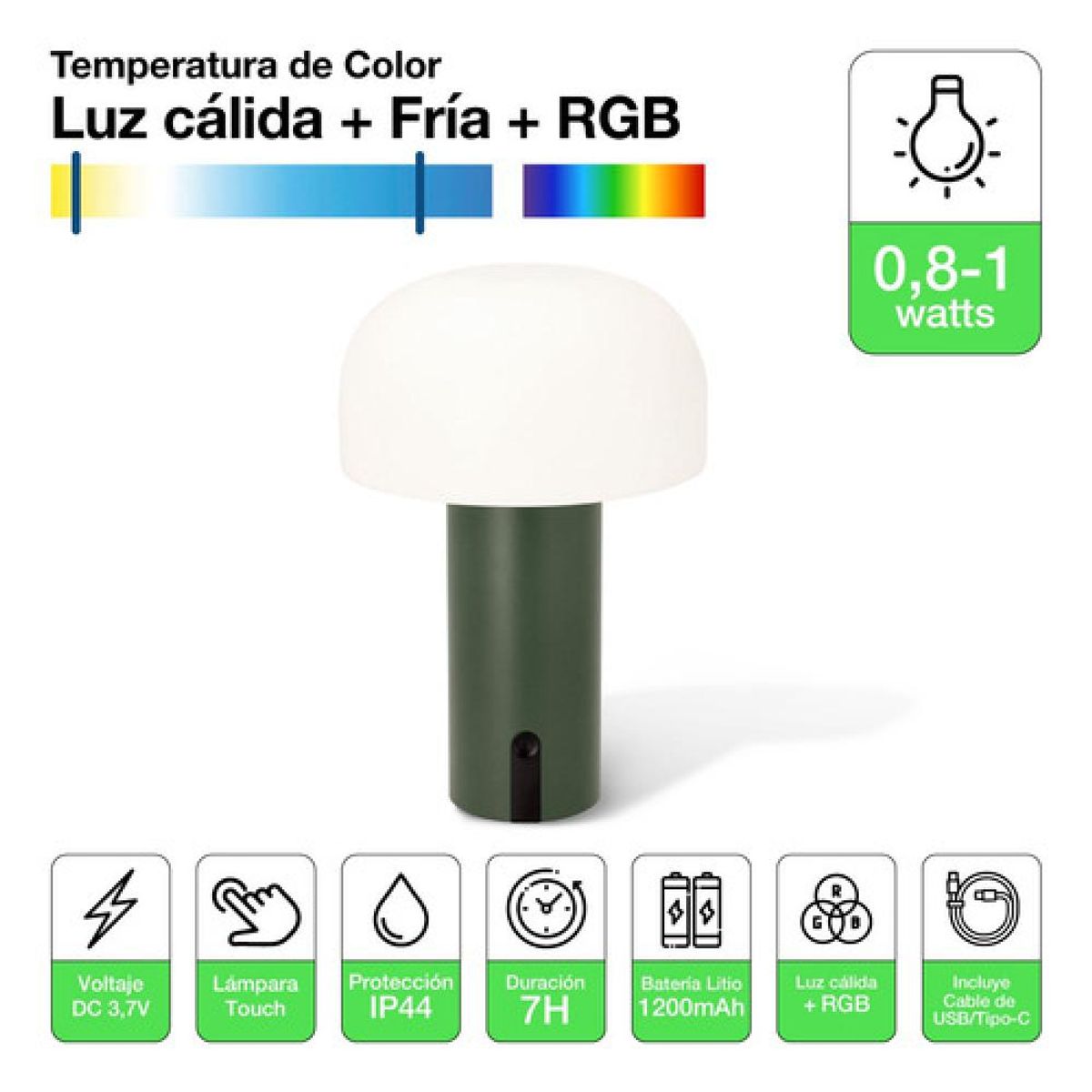 DRL LIGHTING - Lámpara Mushroom Interior Exterior Touch Rgb Ip44 Usb 7h Verde