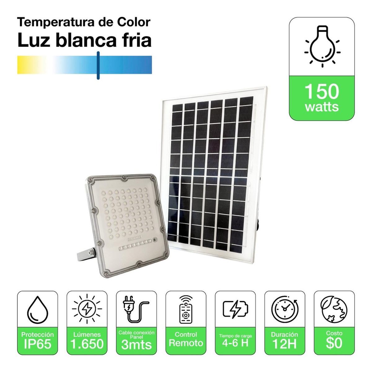DRL LIGHTING - Foco Proyector Solar Led Exterior Itd 150w Luz Fría Ip65 Negro Blanco Frío