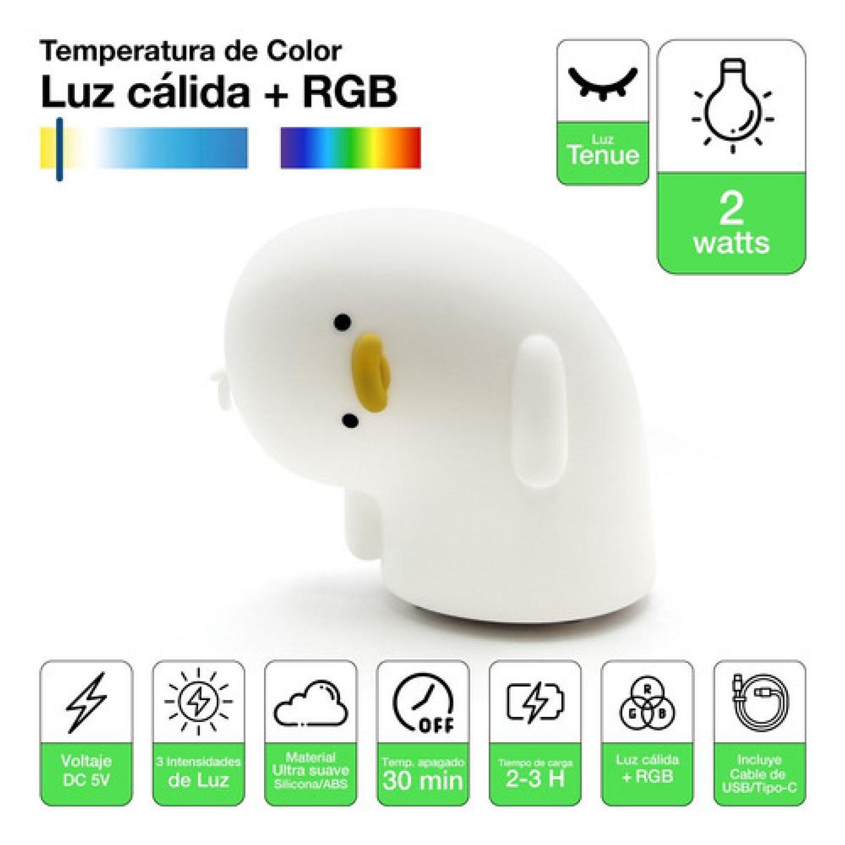 DRL LIGHTING - Lámpara Nocturna Espantacuco Recargable Led Pato Cálida+rgb