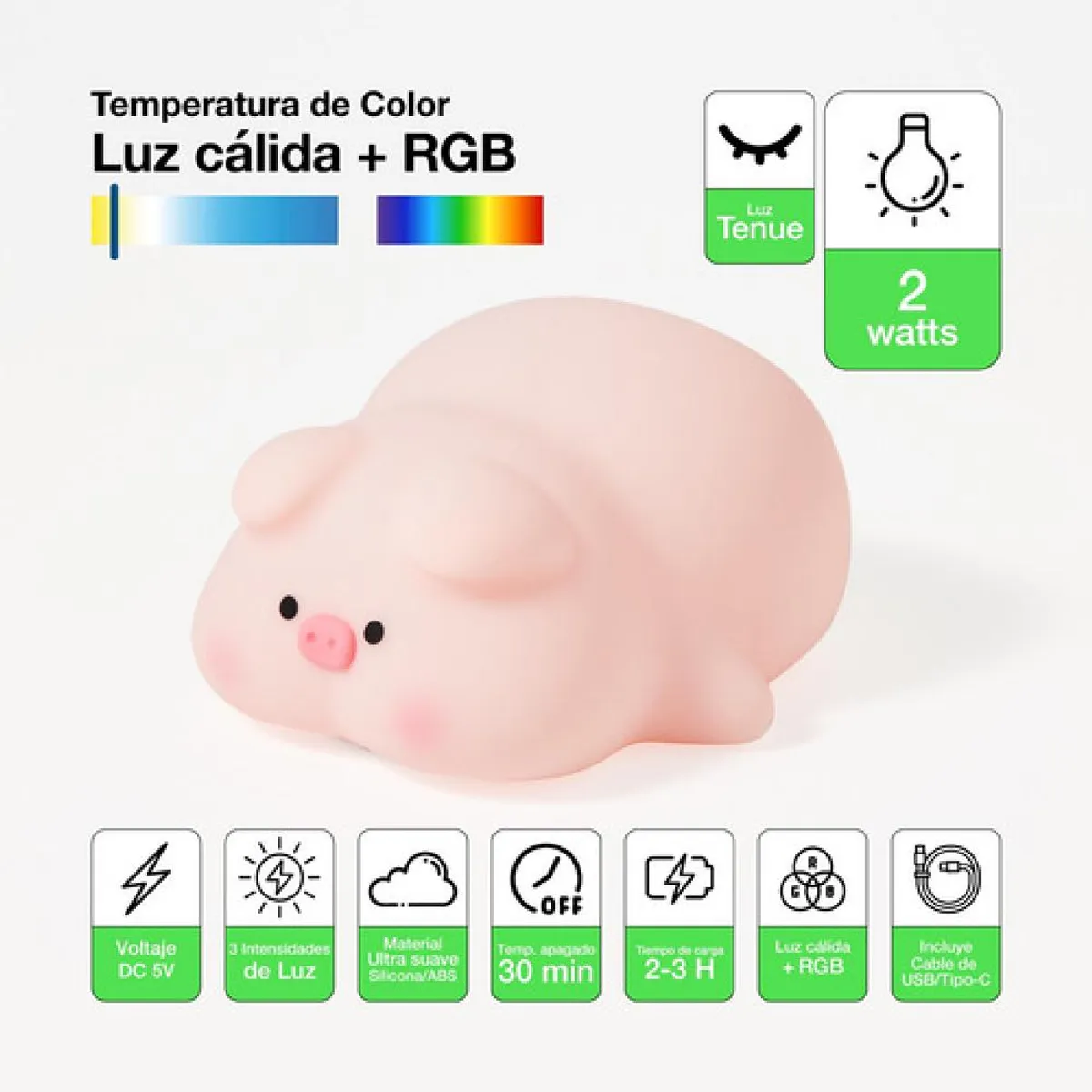 DRL LIGHTING - Lámpara Nocturna Espantacuco Recargable Led Pig Cálida+rgb