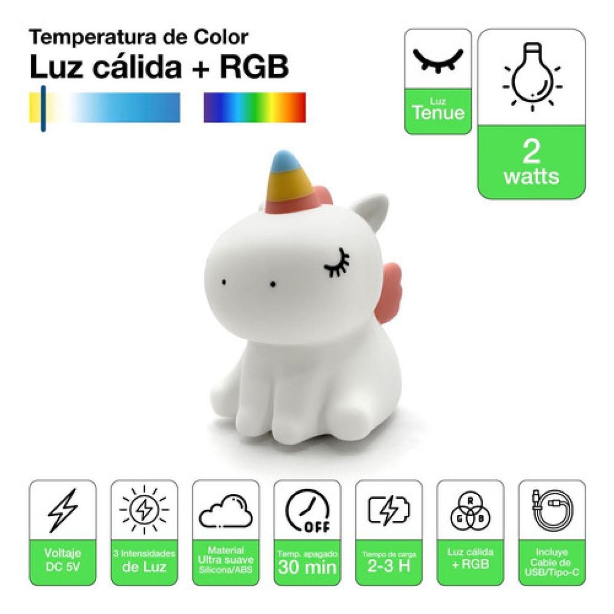 DRL LIGHTING - Lámpara Nocturna Espantacuco Recarg Led Unicornio Cálida+rgb