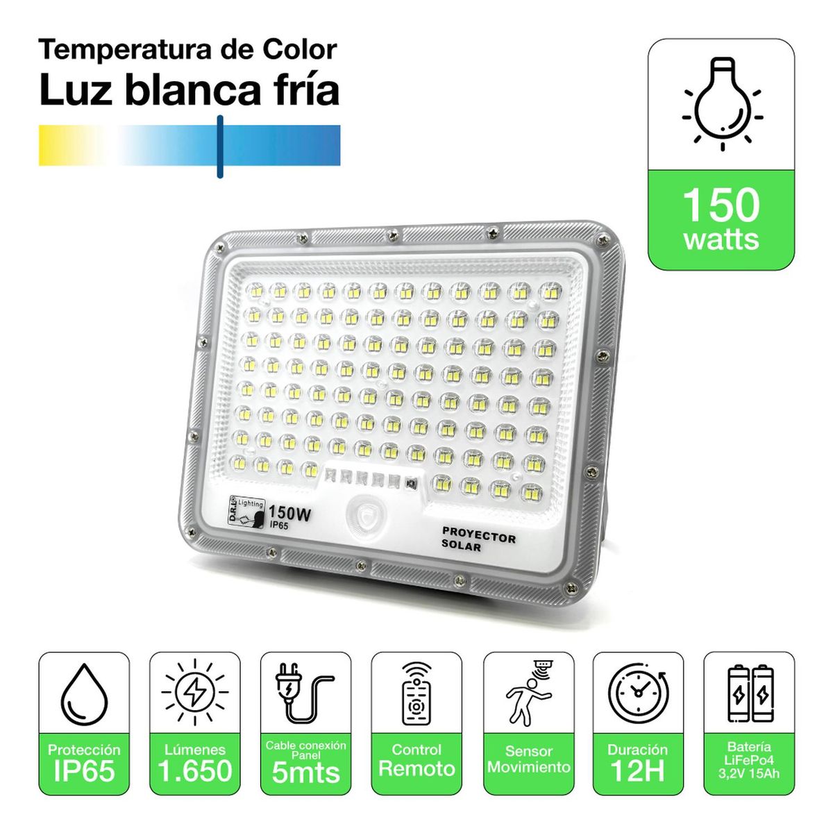 DRL LIGHTING - Foco Proyector Solar Led Exterior Itd 150w Fría Ip65 Sensor Gris Blanco Frío