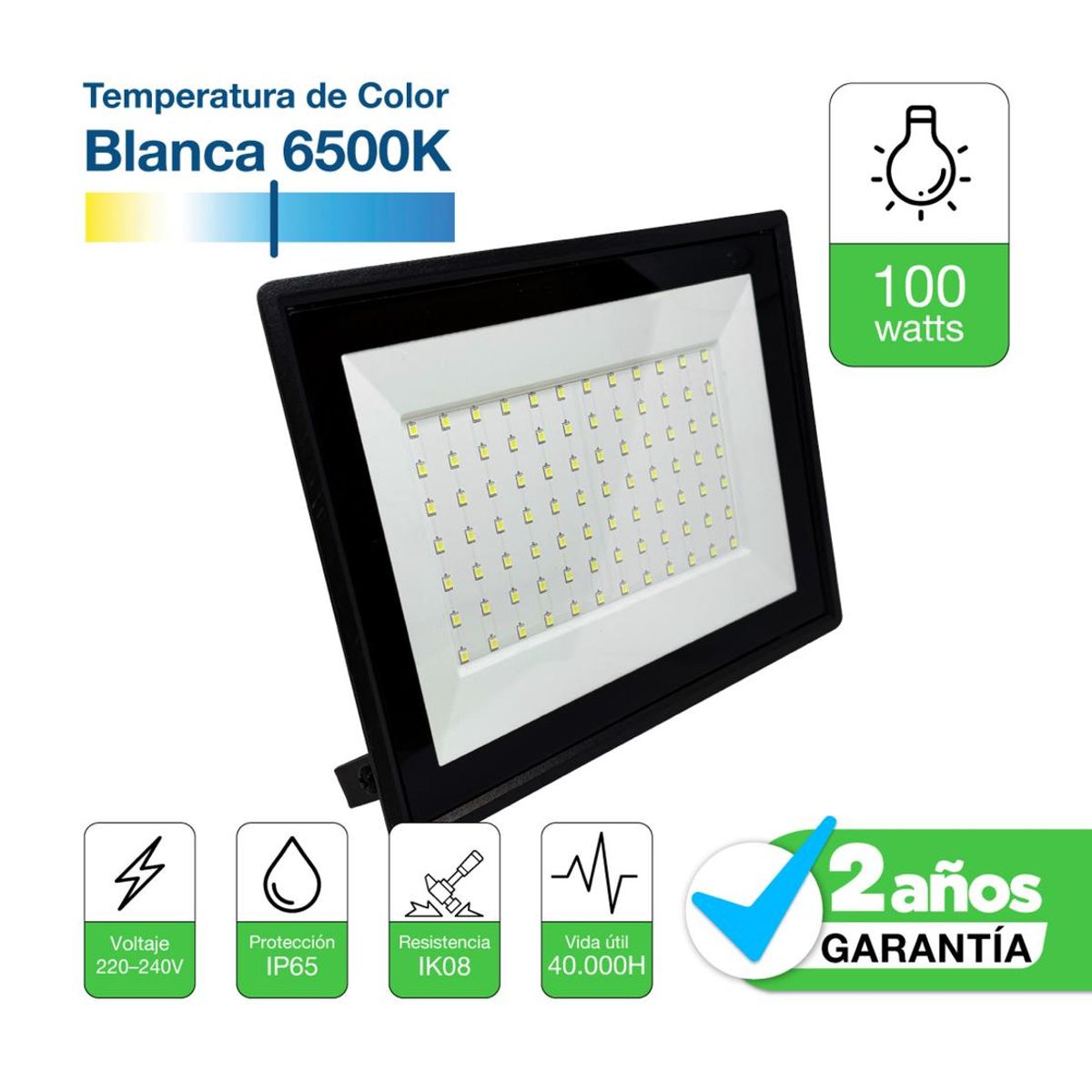 DRL - Foco Proyector Led Reflector 100w Ip65 Ik08 Luz Blanca Sec Negro Blanco Frío