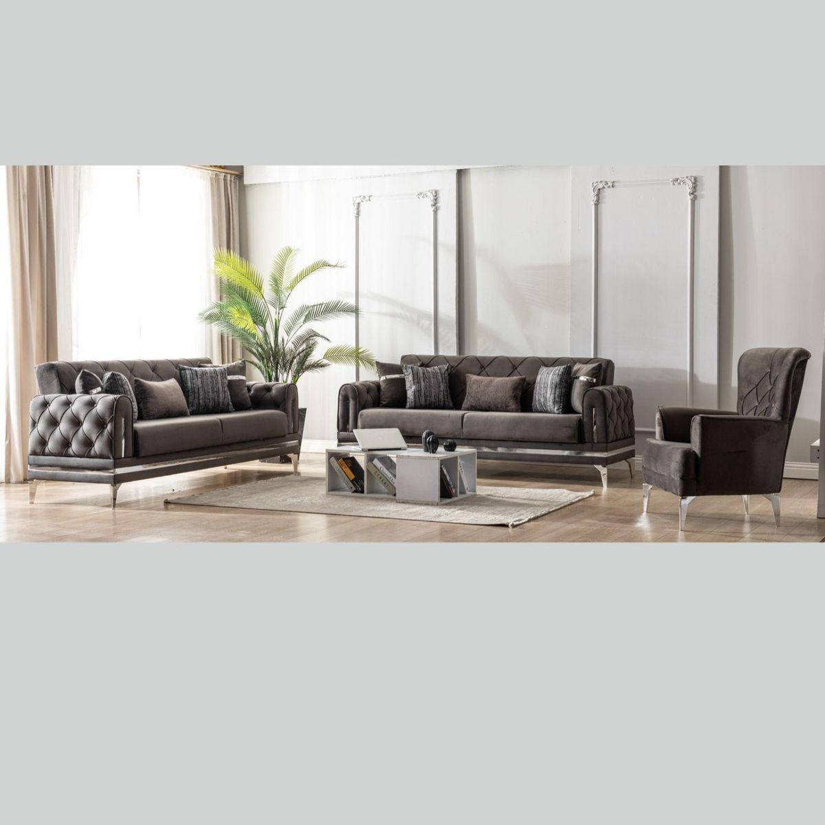 TERRA ESTILO - Juego de living 7 cuerpos 3+3+1 Estambul Gris, Sofa Cama