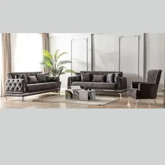TERRA ESTILO - Juego de living 7 cuerpos 3+3+1 Estambul Gris, Sofa Cama