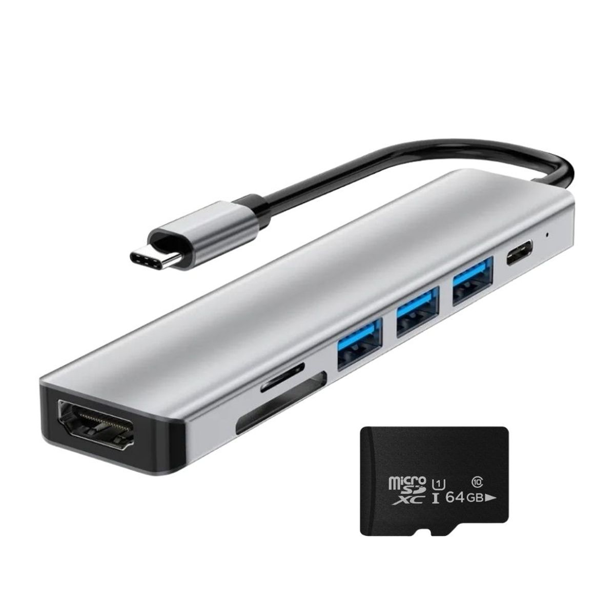 NOVYSTOR - Adaptador 7 En 1 USB-C Con Hdmi Y Puertos + Micro SD 64GB