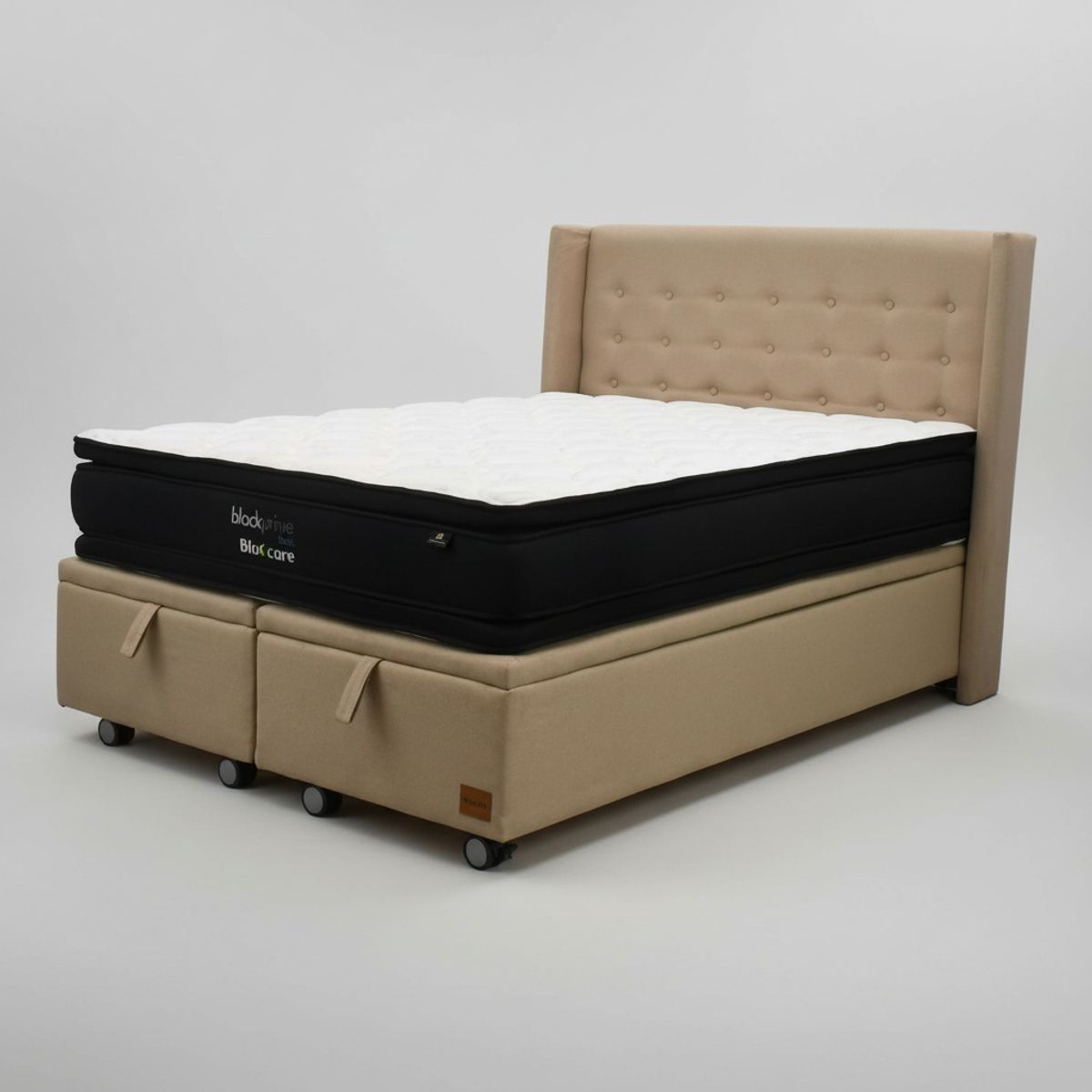 BLOCCARE - Cama Baul 2 Plazas L190 cm + Colchon Black Prime - Modelo Dos + Respaldo / Rueda Logo (Beige)
