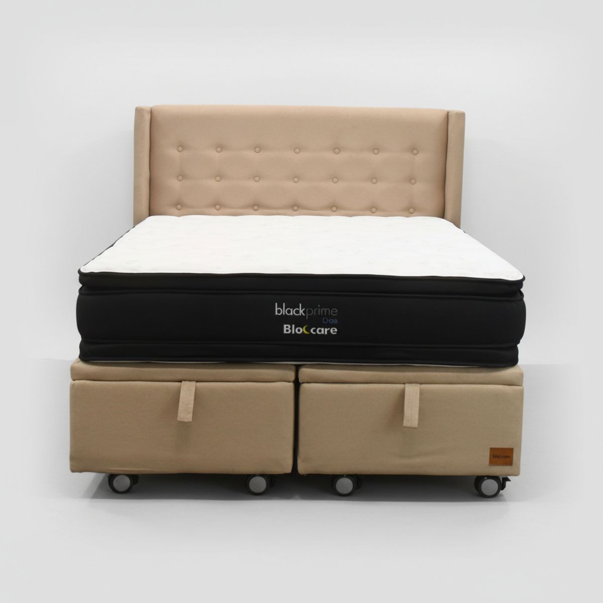 BLOCCARE - Cama Baul King L200 cm + Colchon Black Prime - Modelo Dos + Respaldo  Rueda Logo Beige
