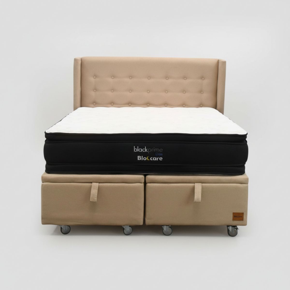 BLOCCARE - Cama Baul King L200 cm  + Colchon Black Prime - Modelo Dos + Respaldo / Rueda Pyton (Beige)