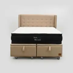 BLOCCARE - Cama Baul King L200 cm + Colchon Black Prime - Modelo Dos + Respaldo / Rueda Pyton (Beige)