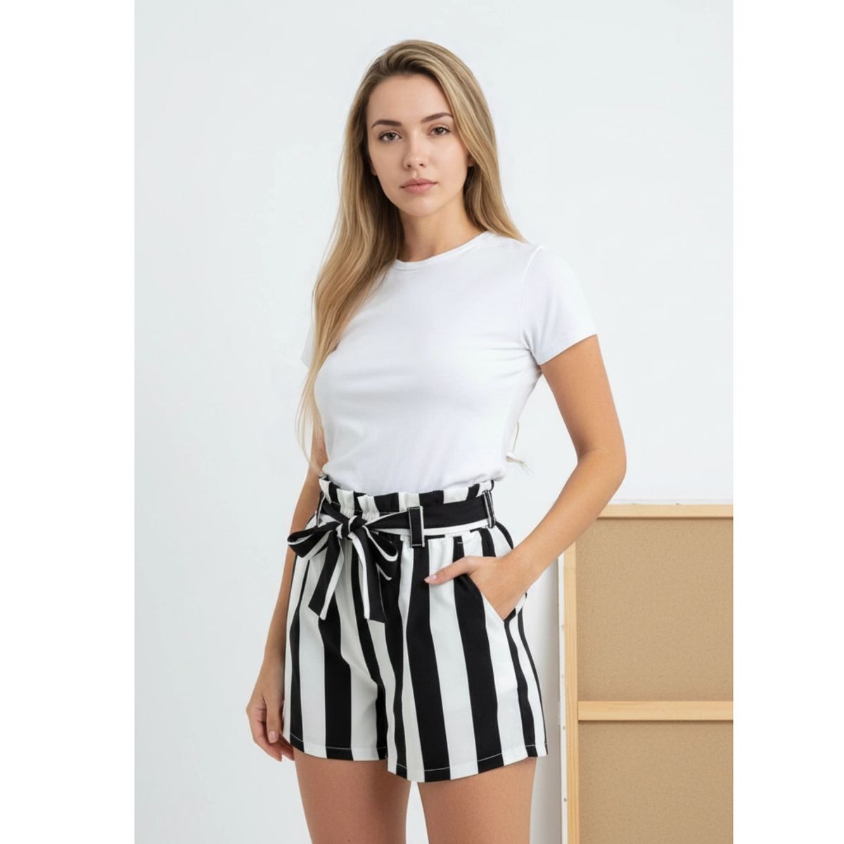 LIKE SHOP - Short Mujer Pantalón Corto Liviano Estampado Líneas Bi-color W3030