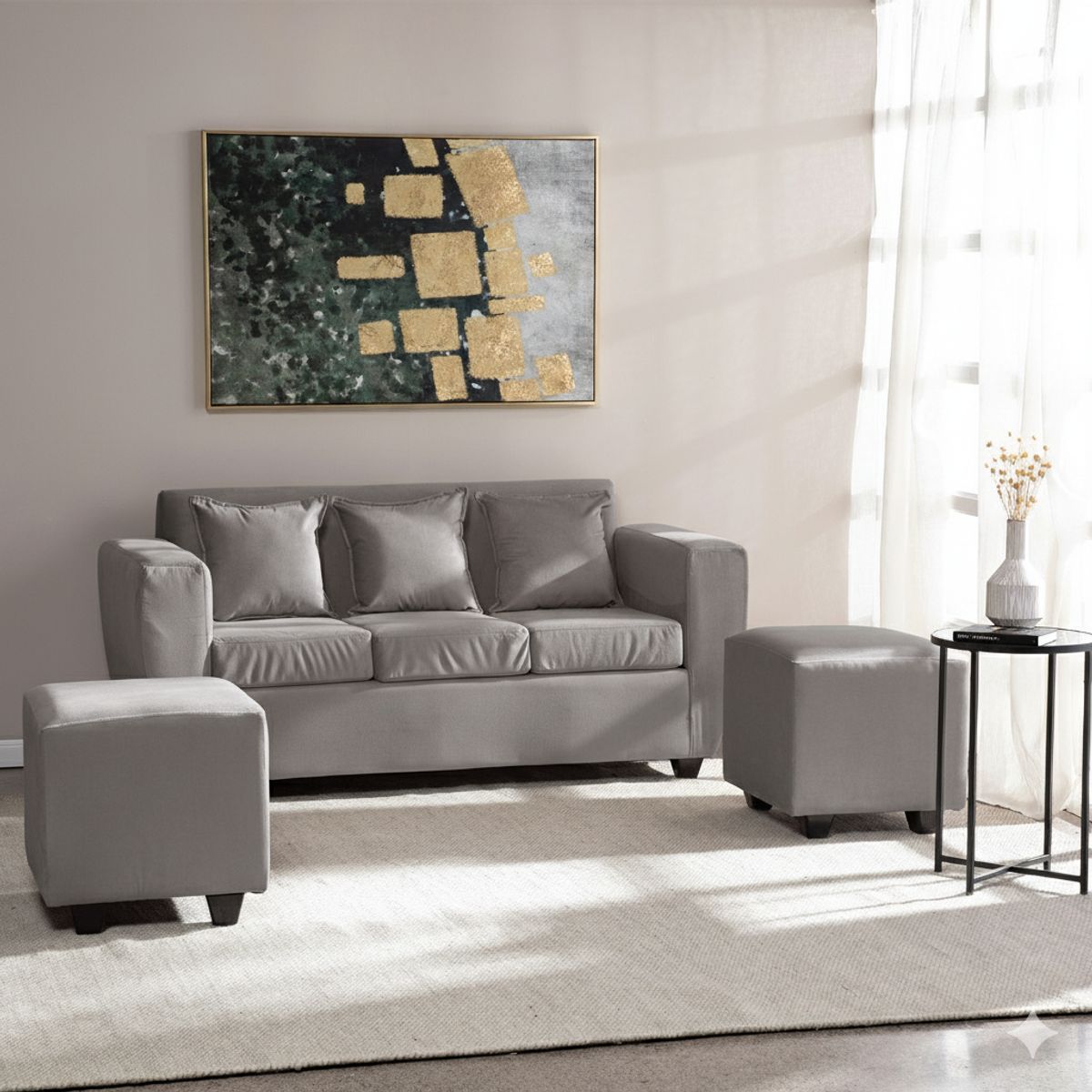 DECO OUTLET - Living Kansas 3 cuerpos + 2 Pouf Felpa