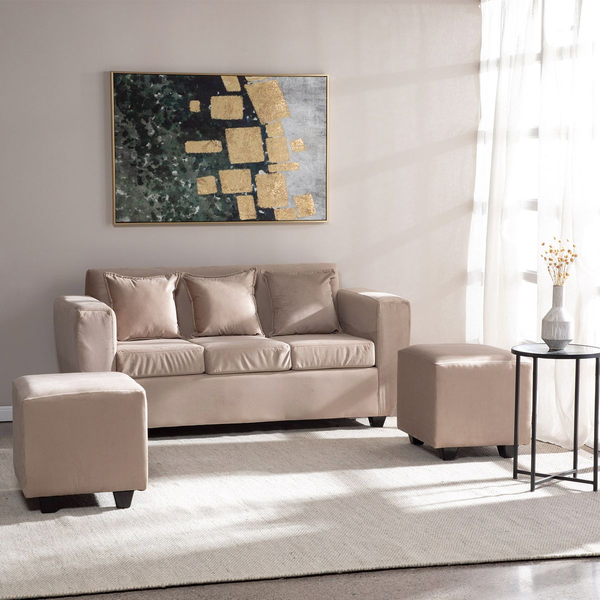 DECO OUTLET - Living Kansas 3 cuerpos + 2 Pouf Felpa