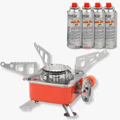 LINE - Mini Estufa A Gas Portátil + Pack 4 Cartuchos Gas Butano 220g