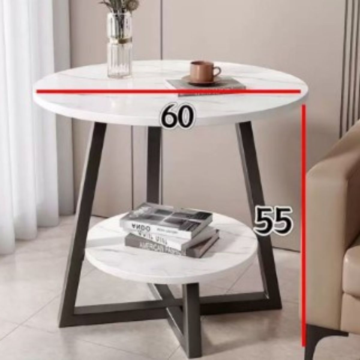 SUKEA - Mesa Redonda 60 Cm Mármol Y Base Metal Blanco Y Negra