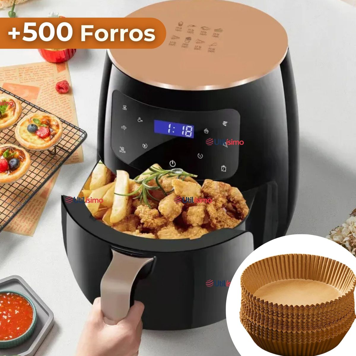 LINE - Freidora de Aire + 500 Forros Antiadherente 6 Litros 2400W de Potencia
