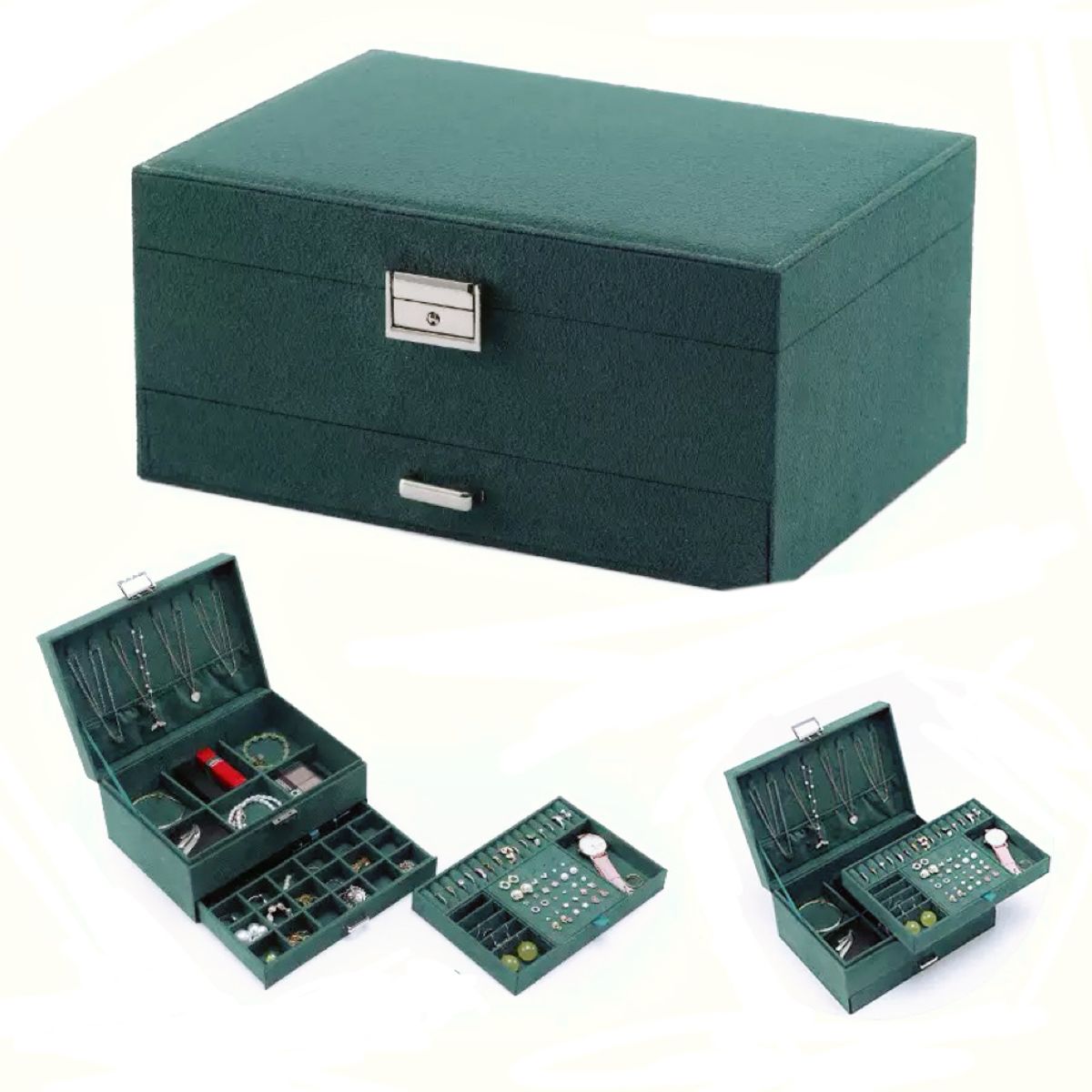 GENERICO - Organizador Joya Joyero Para Collar Anillos Caja De Almacenamiento De Joyas 3 Niveles Verde