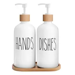 GENERICO - Set 2 Dispensadores De Jabon Vidrio Con Bandeja De Bambu