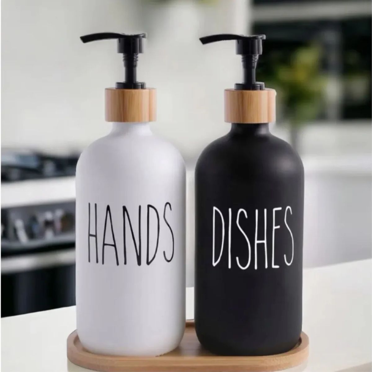 GENERICO - Set 2 Dispensadores De Jabon Vidrio Con Bandeja De Bambu