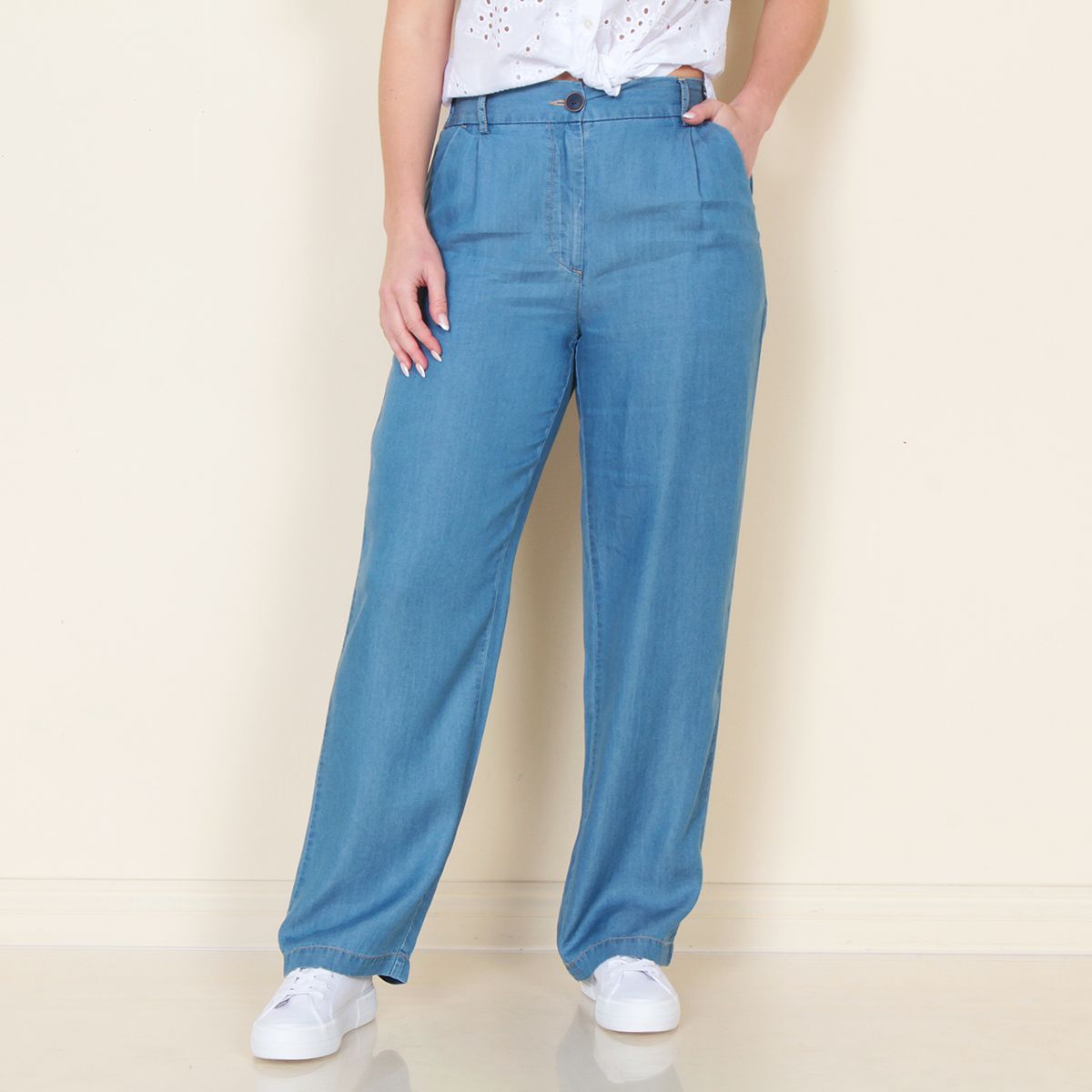 WADOS - PANTALON TENCEL WIDE LEG TIRO ALTO PRETINA BASICA 1 BOTON