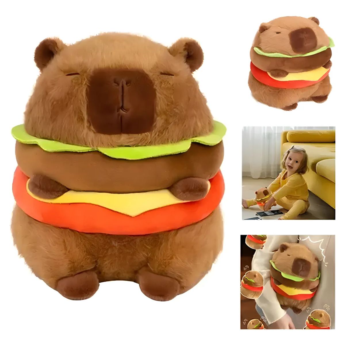 GENERICO - Peluche Capibara Forma Hamburguesa Café Cerdo de Agua Suave 30cm