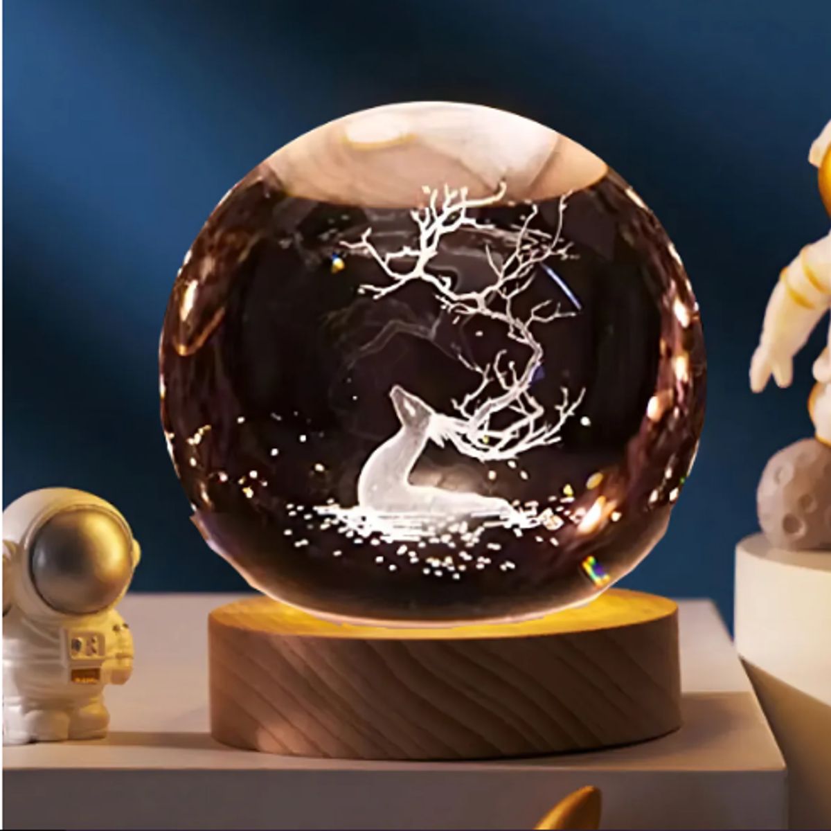 GENERICO - Lámpara De Mesa Decorativa Esfera Cristal Luz Led 3d Ciervo Estructura Madera Pantalla Transparente