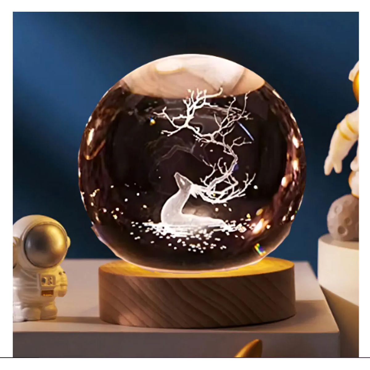 GENERICO - Lámpara De Mesa Decorativa Esfera Cristal Luz Led 3d Ciervo Estructura Madera Pantalla Transparente