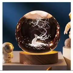 GENERICO - Lámpara De Mesa Decorativa Esfera Cristal Luz Led 3d Ciervo Estructura Madera Pantalla Transparente
