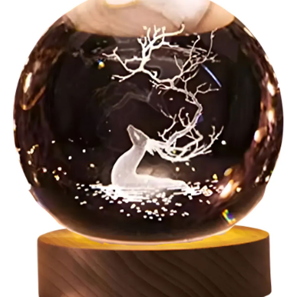 GENERICO - Lámpara De Mesa Decorativa Esfera Cristal Luz Led 3d Ciervo Estructura Madera Pantalla Transparente