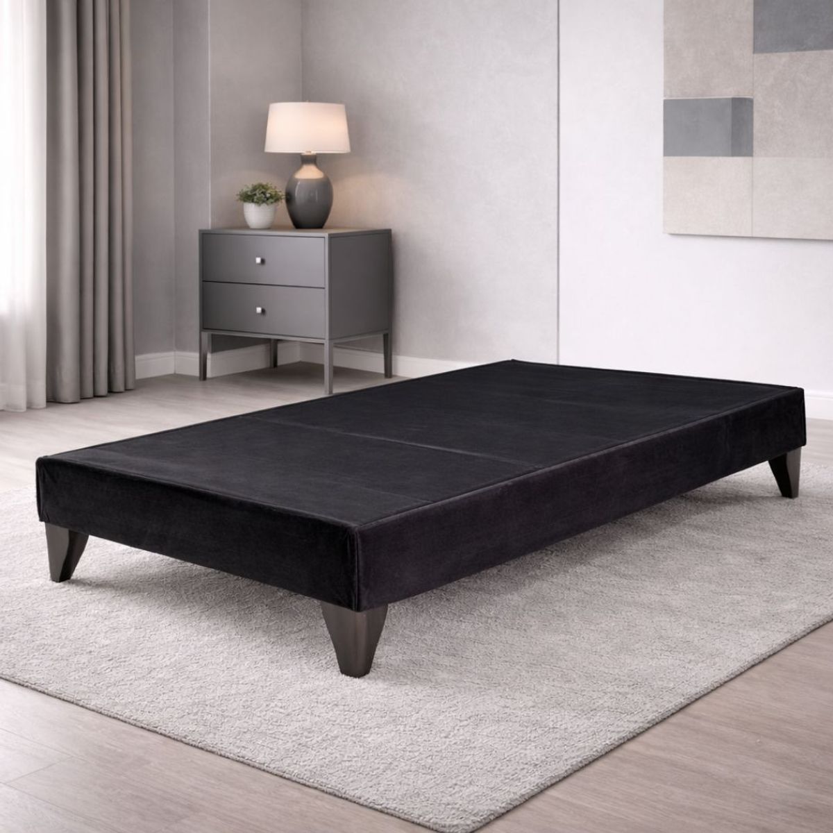 GENERICO - Base de Cama 1 Plaza Tapizada en Felpa Negra con Estructura de Madera de Pino