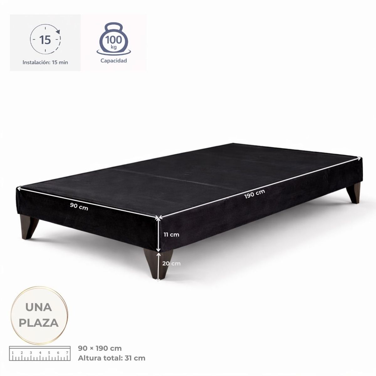 GENERICO - Base de Cama 1 Plaza Tapizada en Felpa Negra con Estructura de Madera de Pino