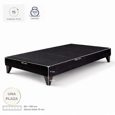 Imagen 2 del producto Base de Cama 1 Plaza Tapizada en Felpa Negra con Estructura de Madera de Pino