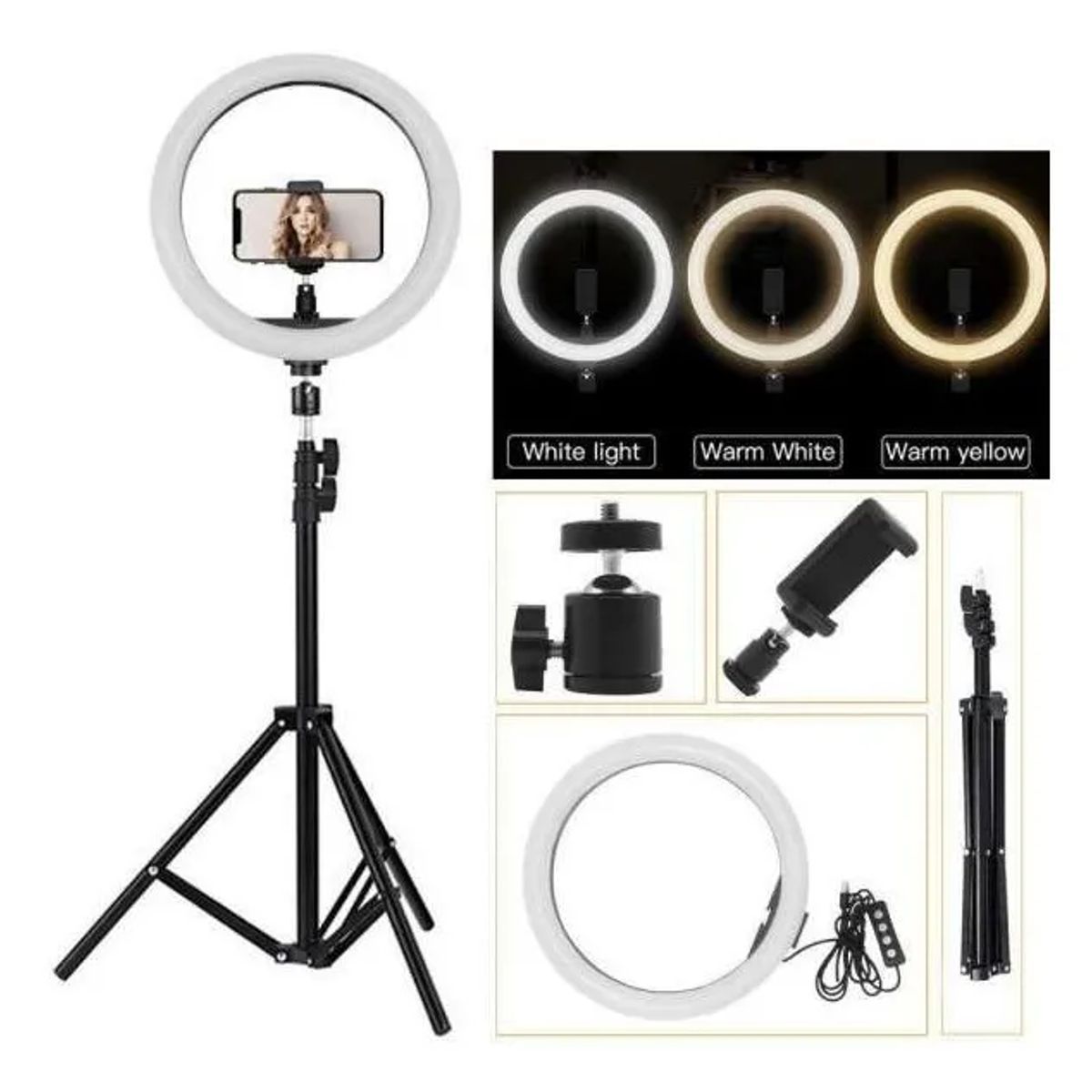 GENERICO - Aro De Luz 26 Cm Con Trípode 2mt Profesional 3 Climas De Luz