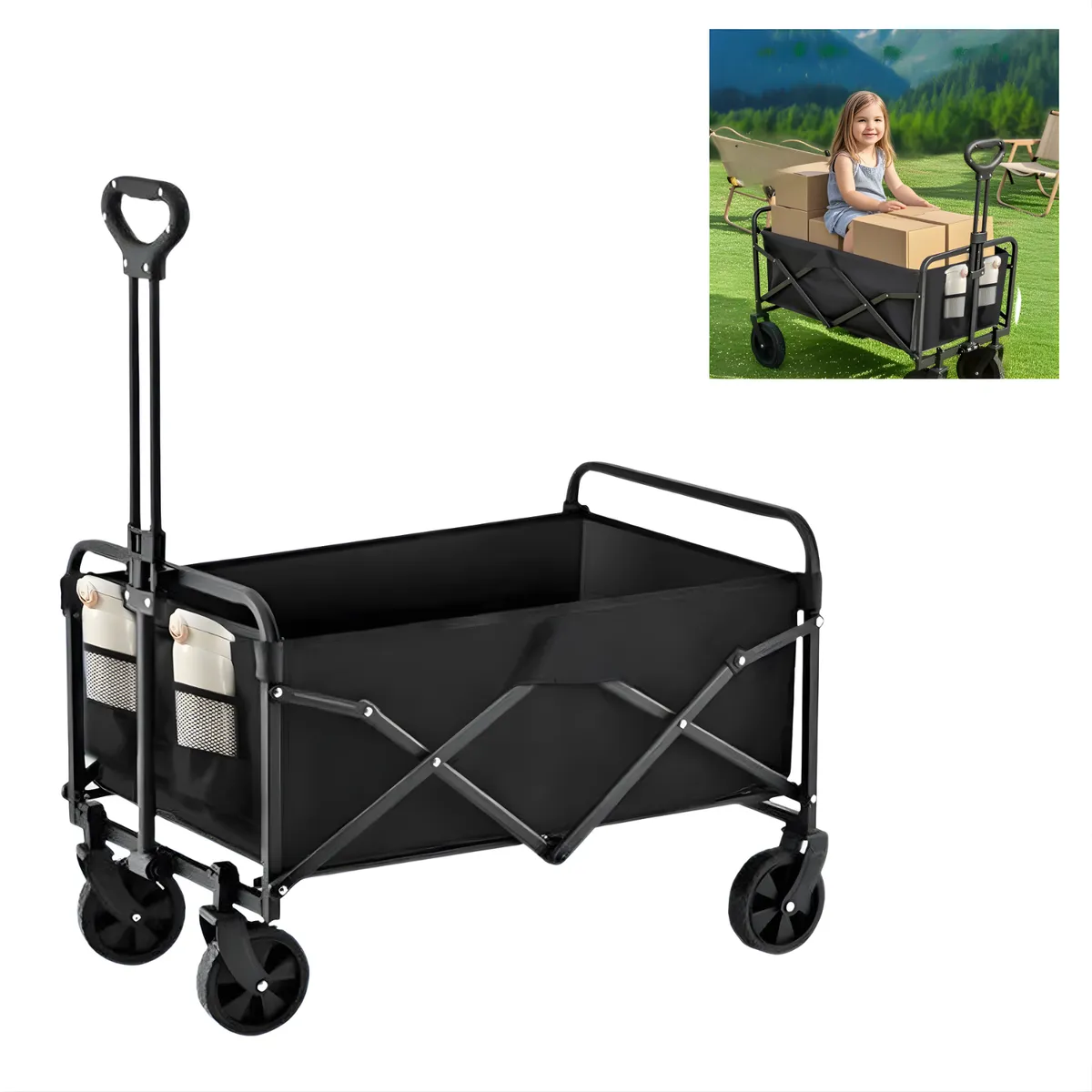 GENERICO - Carrito Plegable Multiuso Reforzado Camping 100kg 4 Ruedas Negro