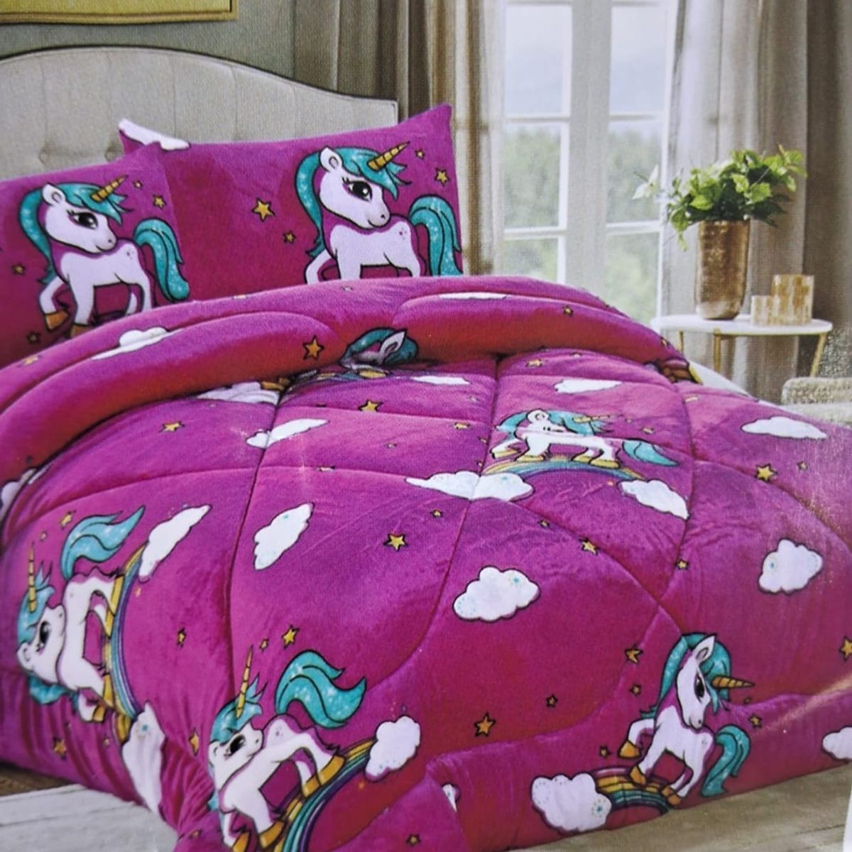 GENERICO - Cubrecama de invierno  plush de 1.5 Plaza diseño unicornio