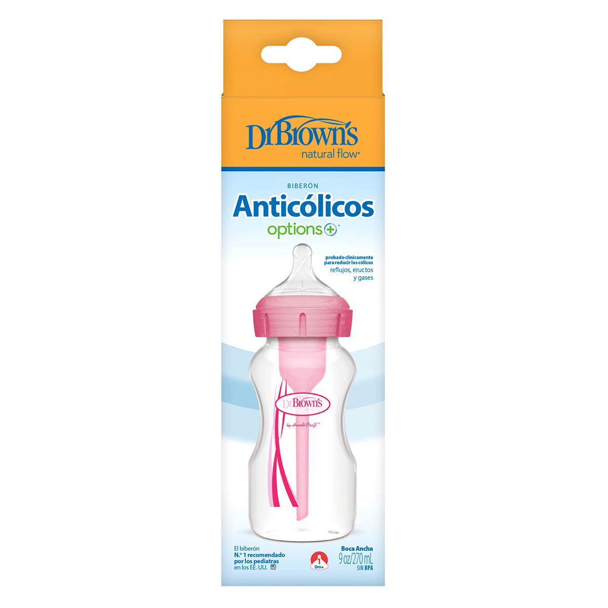 DR BROWN'S - Mamadera Rosa Dr. Brown's Options+ 270ml  Boca Ancha Anticólicos