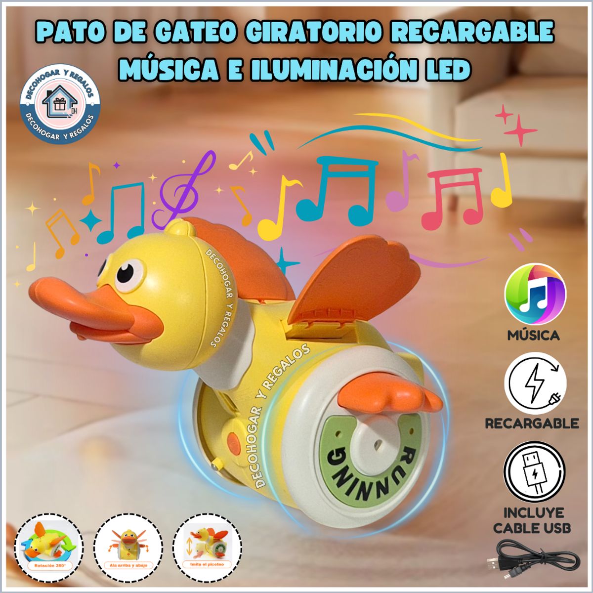 GENERICO - Juguete Pato Músical Para Gatear Giratorio 360° Recargable Para Niños Bebes
