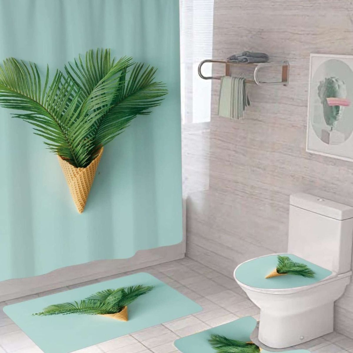 GENERICO - Juego 5 piezas con Cortina de baño de Tela Poliéster y  Forro de Ducha de Plástico