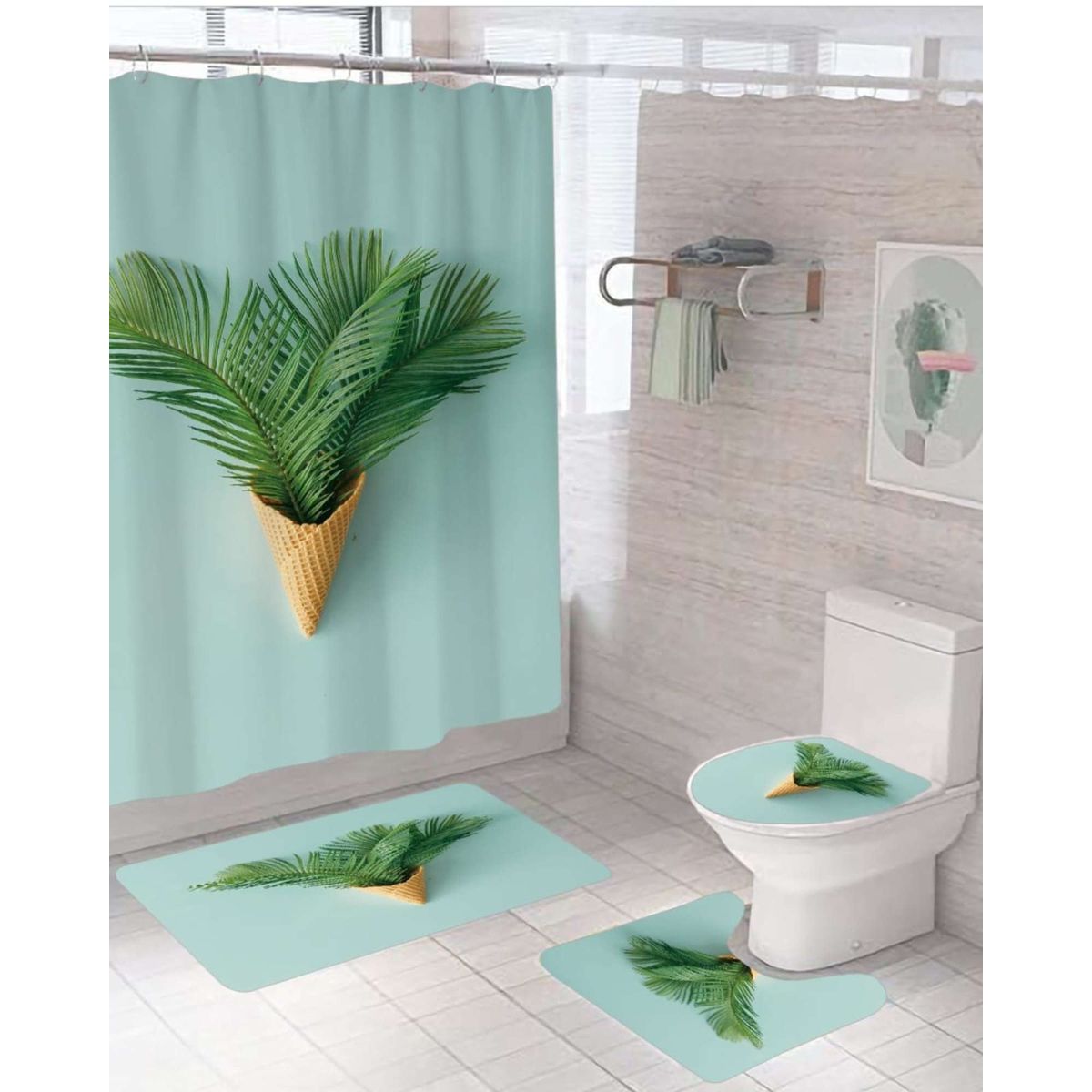 GENERICO - Juego 5 piezas con Cortina de baño de Tela Poliéster y  Forro de Ducha de Plástico