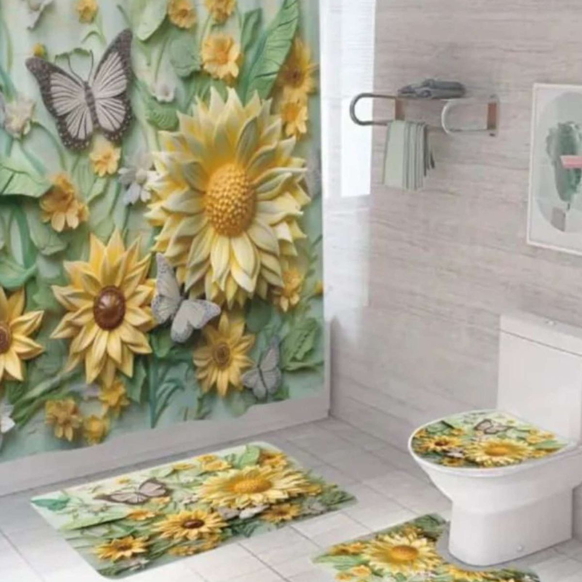 GENERICO - Juego 5 piezas con Cortina de baño de Tela Poliéster y  Forro de Ducha de Plástico