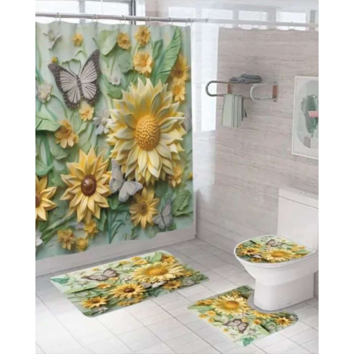 GENERICO - Juego 5 piezas con Cortina de baño de Tela Poliéster y  Forro de Ducha de Plástico