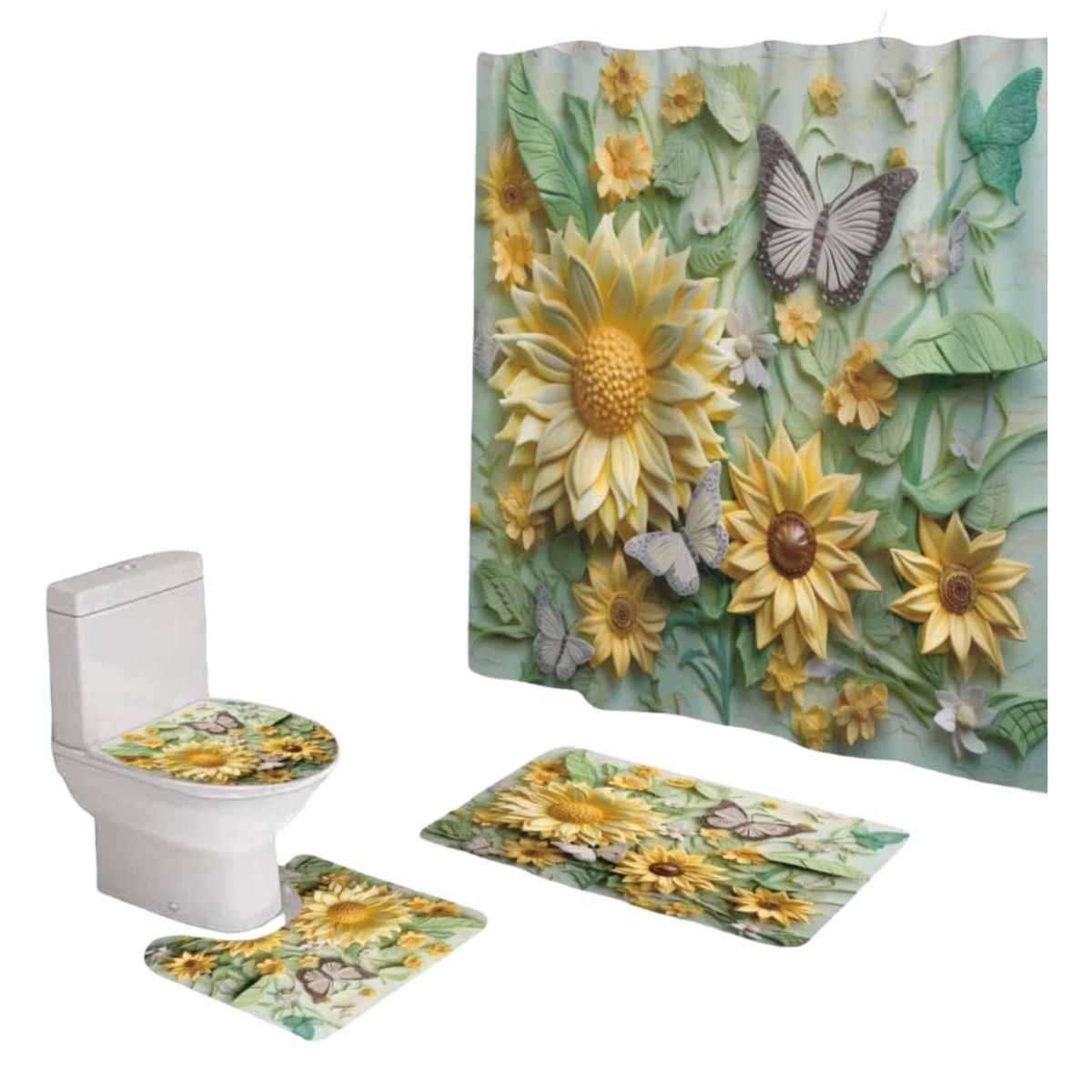 GENERICO - Juego 5 piezas con Cortina de baño de Tela Poliéster y  Forro de Ducha de Plástico