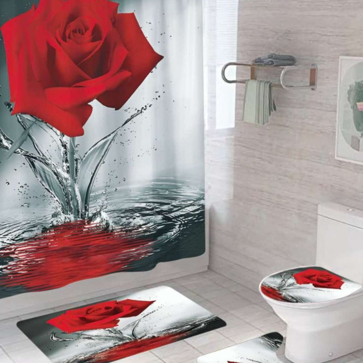 GENERICO - Set de baño 5 piezas Cortina mas Alfombras mas forro de ducha