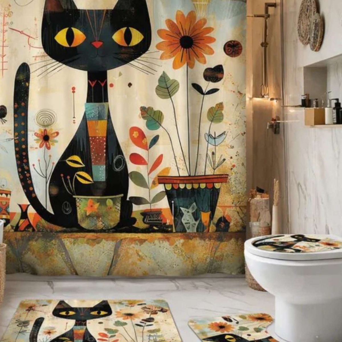 GENERICO - Set de baño 5 piezas Cortina mas Alfombras mas forro de ducha