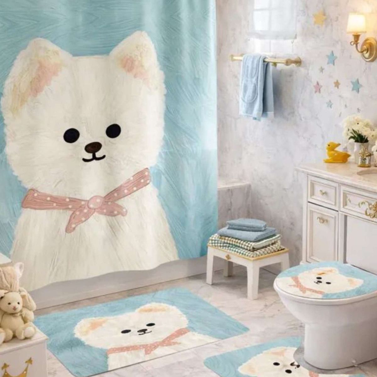 GENERICO - Set de baño 5 piezas Cortina mas Alfombras mas forro de ducha