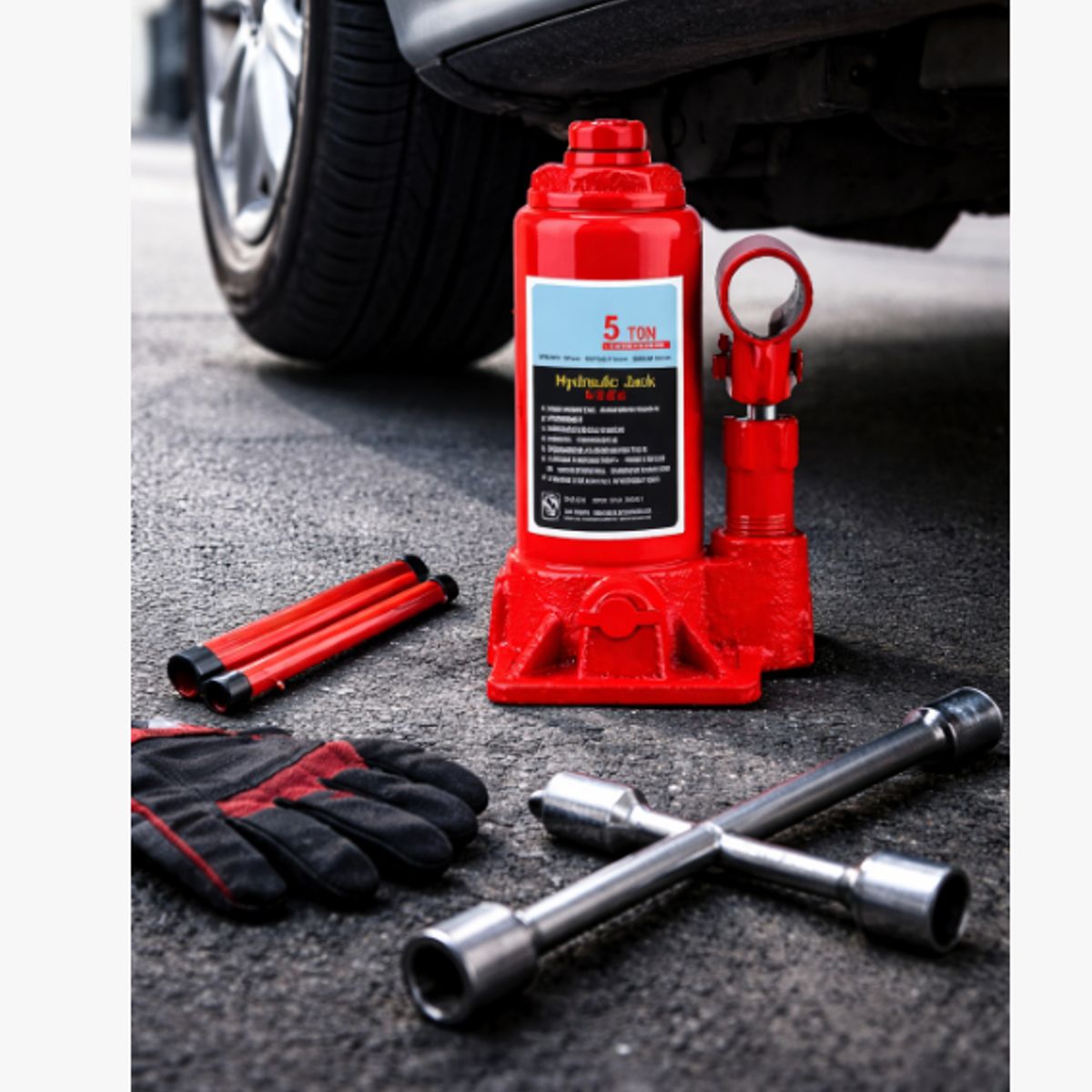GENERICO - Gata Hidraulica Tipo Botella 5 Toneladas Auto Compacta Roja
