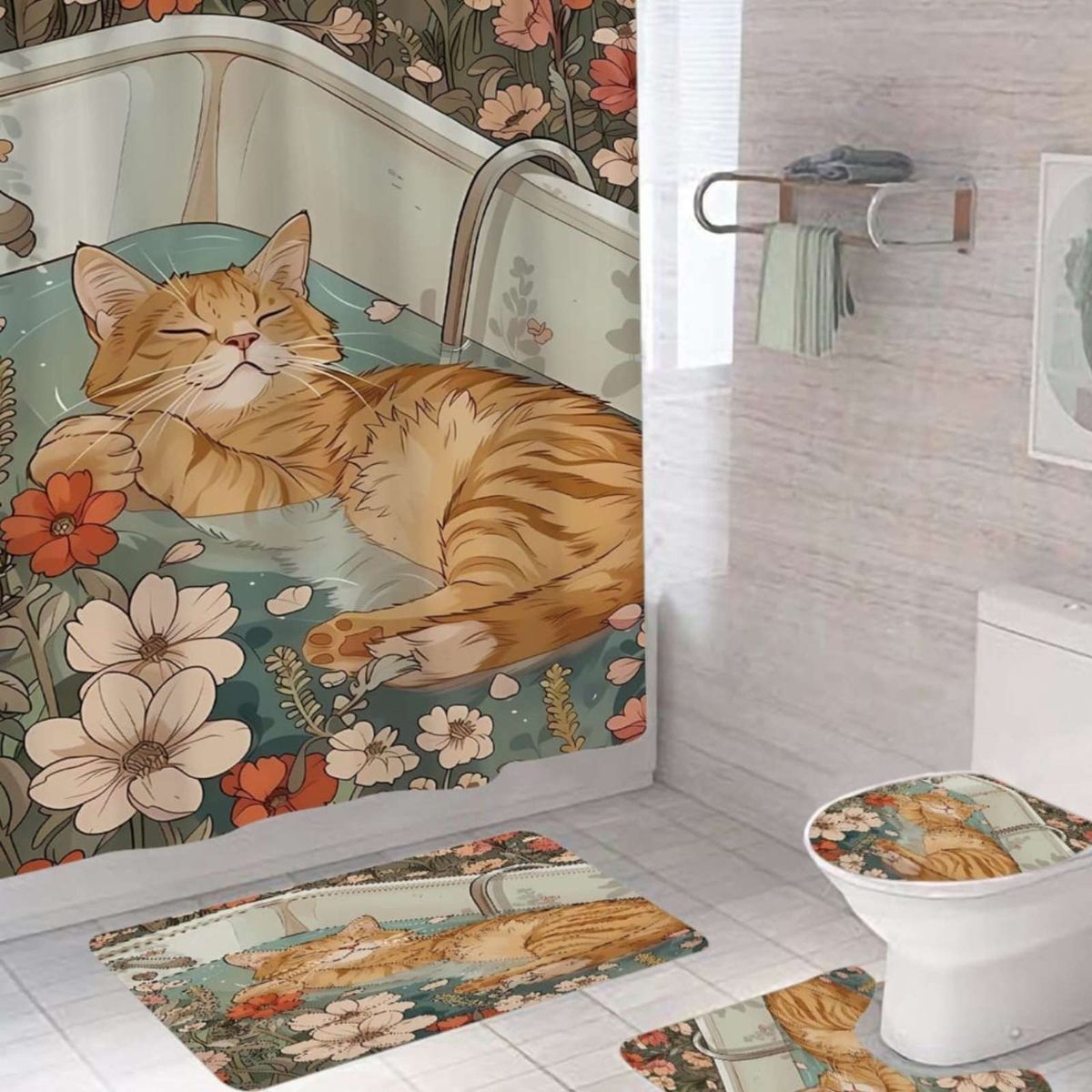 GENERICO - Set de baño 5 piezas Cortina mas Alfombras mas forro de ducha